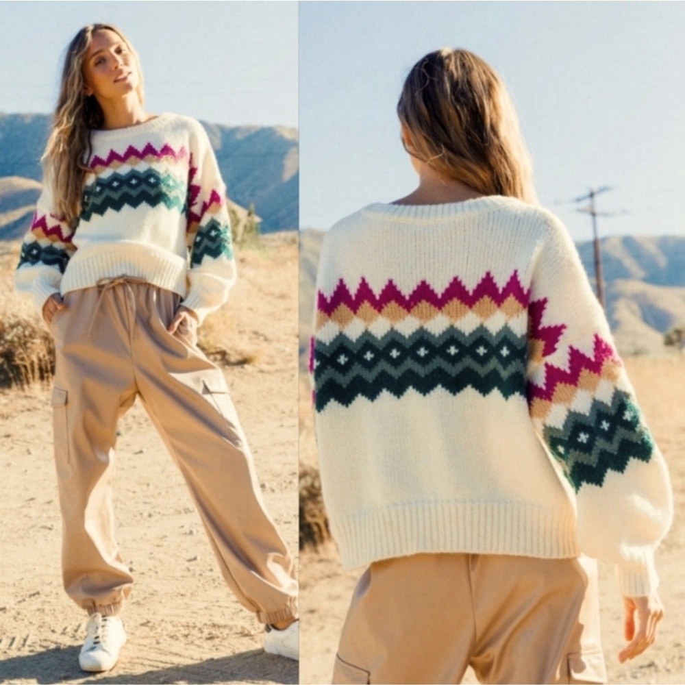EUC Ces Femme Oversized Cream Fair Isle Style Sweater